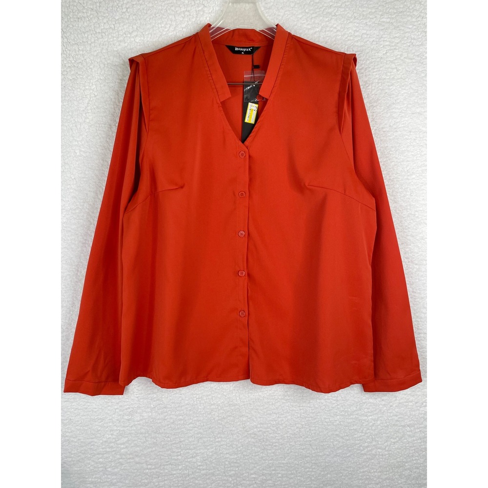 Allegra K Womens XL Orange V-Neck‎ Button Up Long Sleeve Pleated Shoulder Blouse